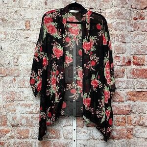 Mahina Boutique Womenʻs Red and Black Floral Kimono Coverup Size M